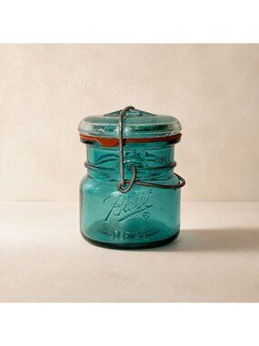 Vintage Mini Ball Ideal Jar Aqua Glass Wire Bail Lid Farmhouse Rustic Pantry USA